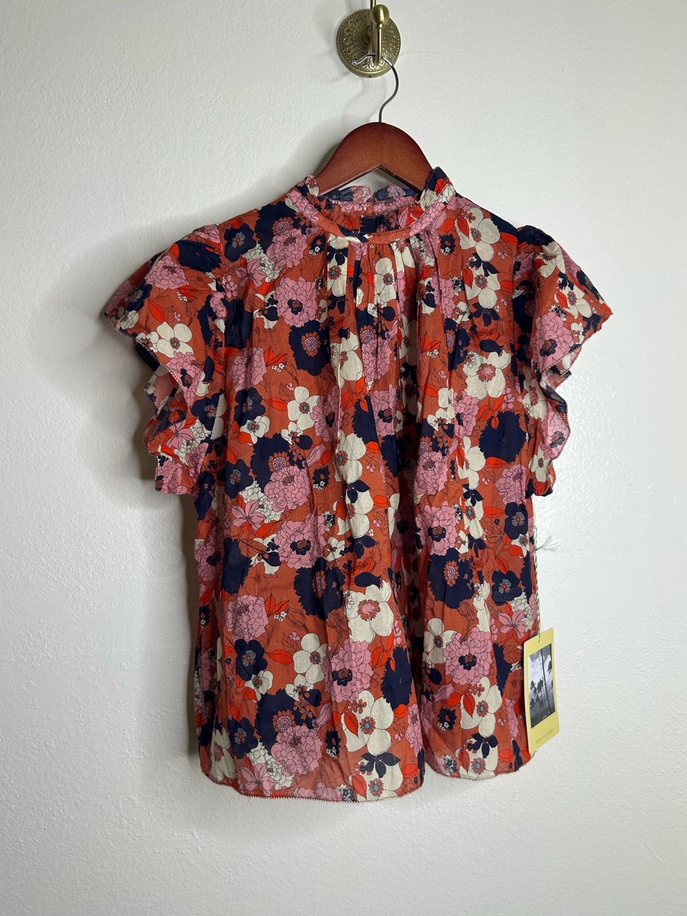 NWT Trovata 100% Cotton Floral Retro Turquoise Accent Carla High Neck Blouse